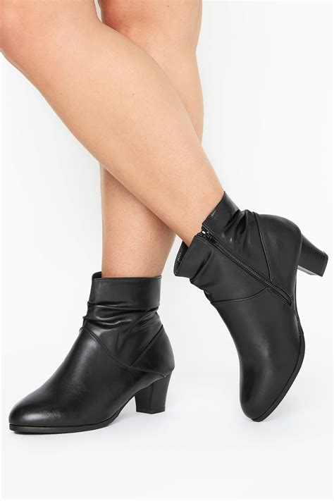 Black Faux Leather Ruched Heeled Ankle Boots In Extra Wide Fit | Long ...