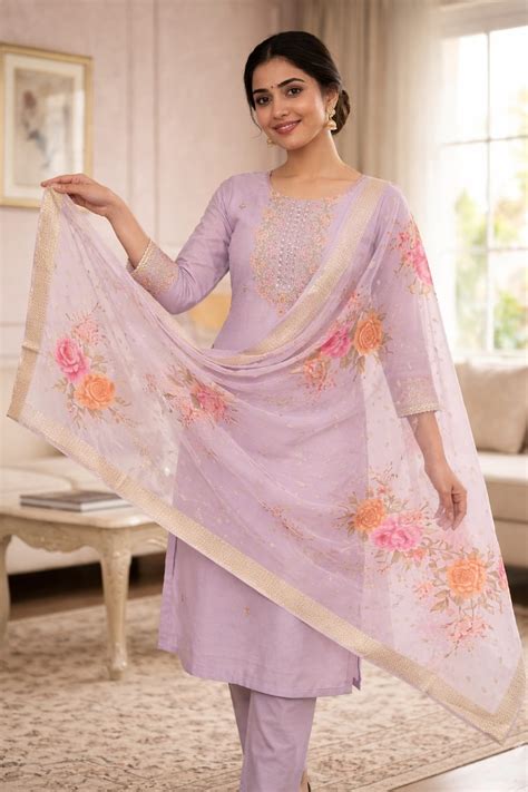Lavender Roman Silk Salwar Suit with Floral Dupatta | Embroidered Kurti ...