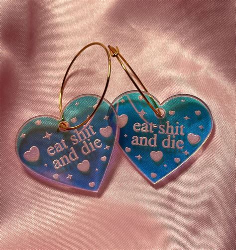 Iridescent Eat Shit and Die Heart Hoop Earrings - Etsy