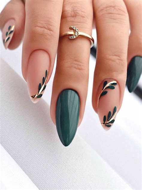 24pcs Long Almond Dark Green Leaves Pattern Fake Nail Press On Nails ...