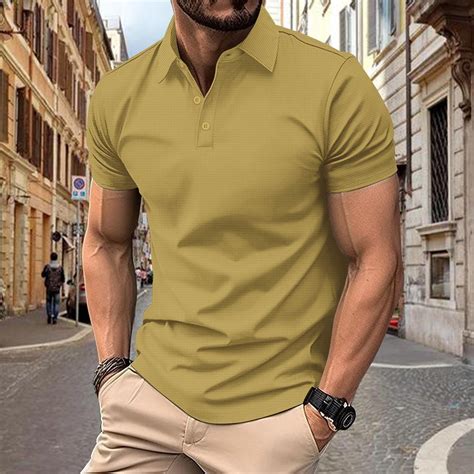Aobny Waffle T-Shirt Collared Button Up Yellow Short Sleeve T-Shirts Plain Men Polos Pullover ...