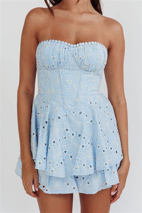 Paris Muse Gathered Bust Embroidered Romper Blue | Mini dress, Rompers ...