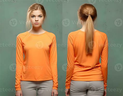 Woman wearing an orange T-shirt with long sleeves. Front and back view ...