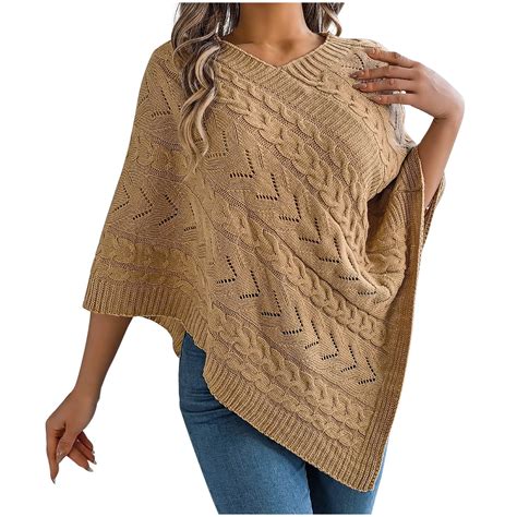 POIUYTR Women Poncho Sweater V Neck Solid Knit Pullover Cape Elegant ...