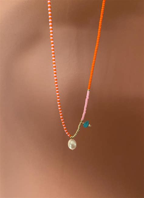 Orange Seed Bead Pearl Pendant Necklace/bead and Pearl Pendant Necklace ...