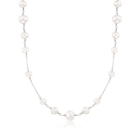 Ross-Simons 6-10mm Cultured Pearl Station Necklace in Sterling Silver, Women's, Adult - Walmart.com