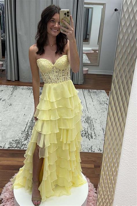 Sweetheart Yellow Lace Tiered Ruffle Prom Dress - Dressesforparty