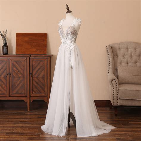 Deep V-neck Prom Dress Long Split Front Wedding Dress White - Etsy UK
