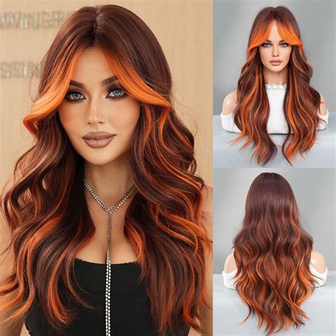 TRUMOST Long Wavy Ombre Orange Brown Wig with Bang 26Inch Bright Ginger ...