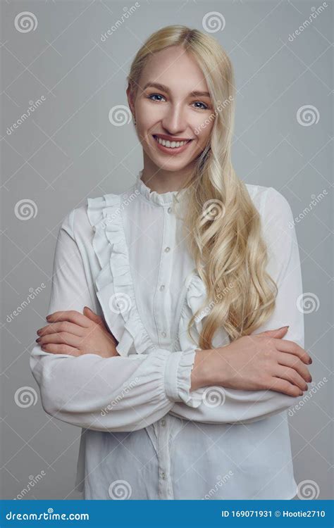 Young and Beautiful Long-haired Blond Woman in White Blouse Stock Image ...
