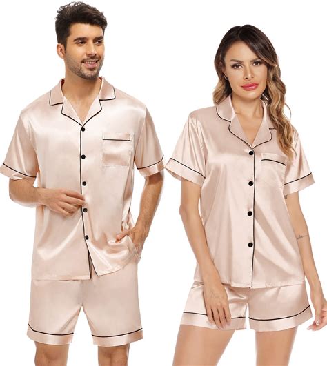 Satin Matching Pajamas Sets Couple Silk Button Down Nightwear Short ...