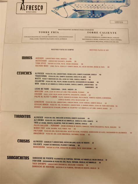 Menu at ALFRESCO restaurant, Miraflores, Av. 28 de Julio 331