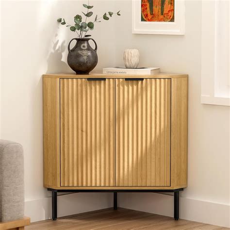Fluted Corner Cabinet, Modern Small Corner Floor Cabinet with 2 Doors ...