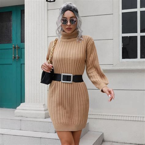 Women Knitted Turtleneck Oversize Sweater Dress