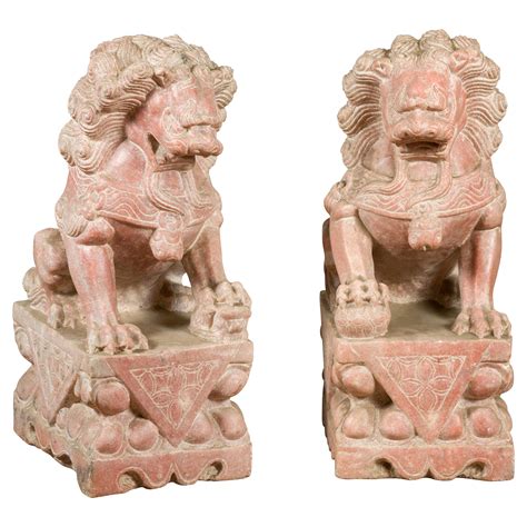Pair of Chinese Vintage Foo Dogs Guardian Lions on Bases with Sandstone ...