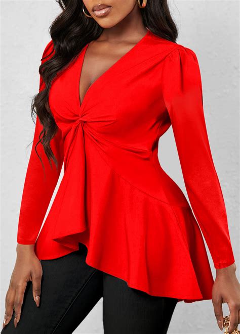 Twist V Neck Red Long Sleeve T Shirt | Rosewe.com - USD $29.98