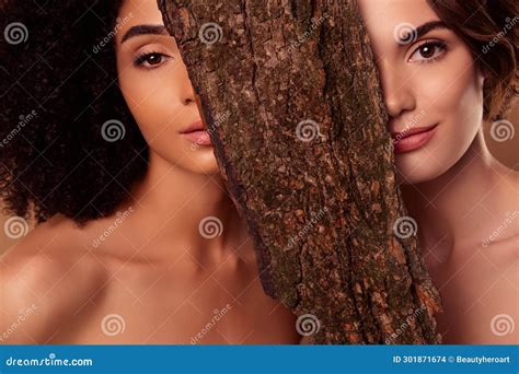 Photo of Two Attractive Girls Hide Tree Bark Mystical Fairytale Nymphs ...