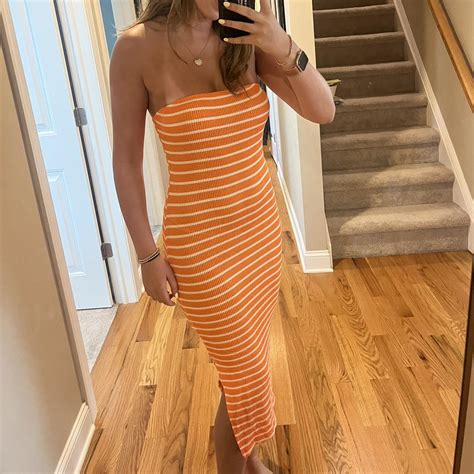 Orange and white strapless dress - Depop