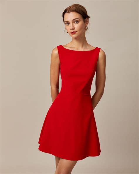 The Red Boat Neck High Waisted Mini Dress - Boat Neck Sleeveless A Line ...