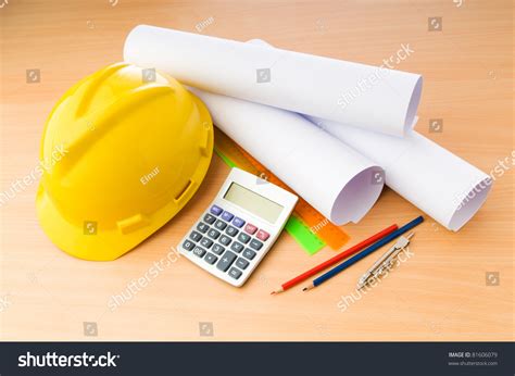 Drawings Hard Hat On Desk Stock Photo (Edit Now) 81606079