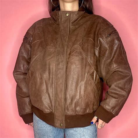 Vintage Brown Leather Bomber Jacket Vintage 80s... - Depop