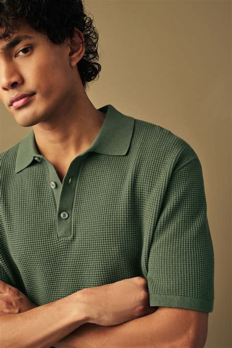 Buy Green Regular Fit Knitted Waffle Textured 100% Cotton Polo Shirt ...