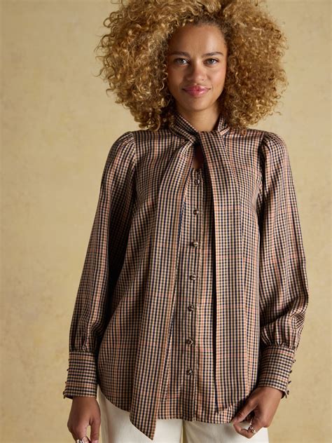 Tabby Brown Check Tie Neck Long Sleeve Blouse with Button Fastening ...