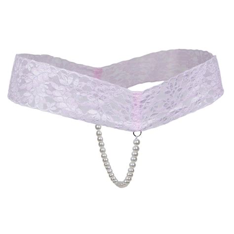 Sexy Women Crotchless Panties Sheer Lace Thong Underwear Pearls Strings ...
