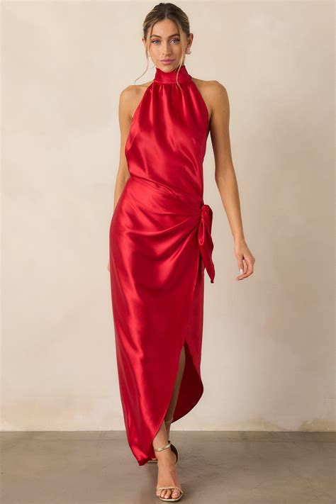 Red Satin Halter Neck Maxi Dress - All Dresses | Red Dress