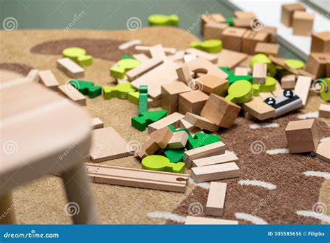 Wooden Eco Friendly Block Toys Scattered on Floor in Kids Room. Messy ...