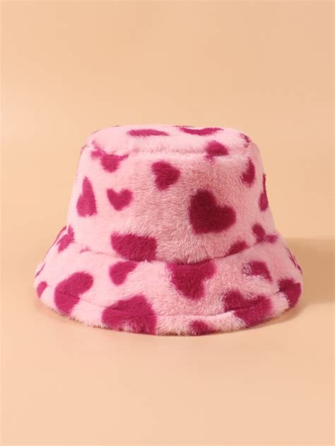 Heart Pattern Fuzzy Bucket Hat | Hats, Girly bags, Cute hats