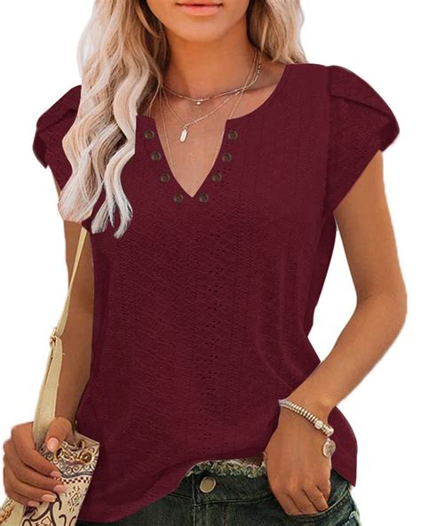 Temofon Women's Summer Tops, V Neck Short Sleeve Blouse, Ruffle Petal ...