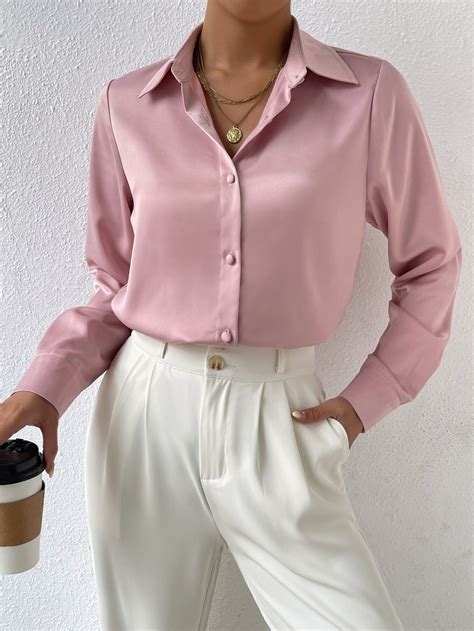 Solid Button Front Satin Shirt | Ropa de moda, Camisas manga larga ...
