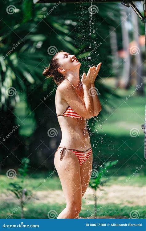 Shower on Beach. Beautiful Fit Woman Taking Shower at Swimming Pool ...