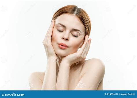 Woman Holding Hands on Face Glamor Closed Eyes Stock Photo - Image of light, female: 214596110