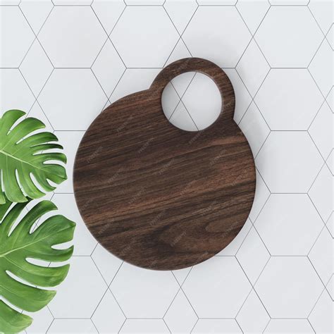 Premium Photo | 3d rendering dark wood circle cutting board on white geometric f