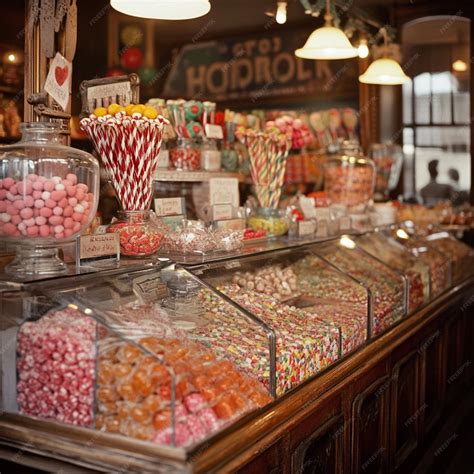 A vintage candy shop counter with an array of hard candies and classic ...