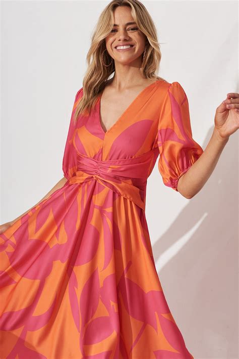 Bloomin Midi Dress In Pink With Orange Leaf - St Frock