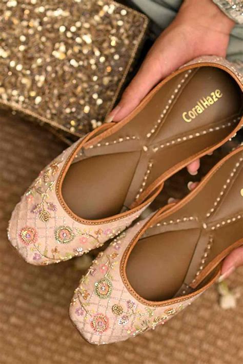 Buy Peach Sequin Hannah Floral Embroidered Juttis by Coral Haze Online ...