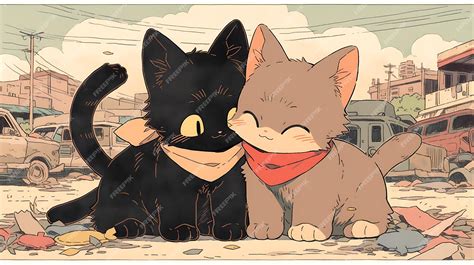 Anime little cat and dog duo adventure with apocalyptic city background ...