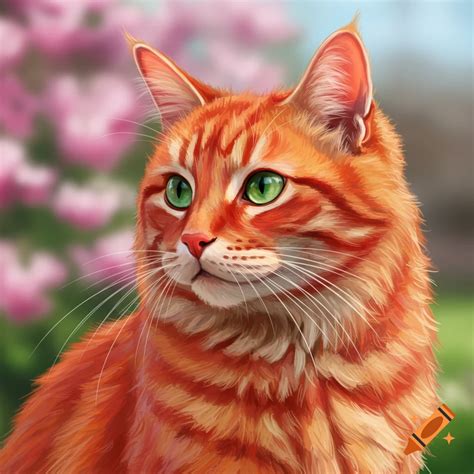 Close-up portrait of an orange tabby cat with green eyes looking left, blurred floral background ...