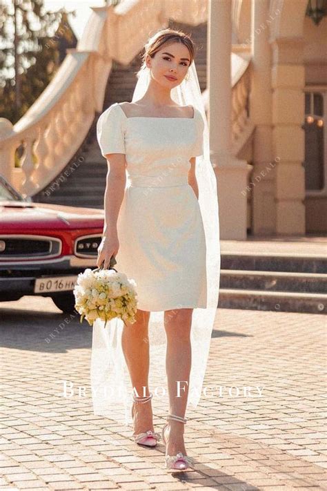 White Puffy Sleeves Knee Length City Wedding Dress