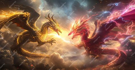 Premium Photo | 3d illustration Dragon War epic battle between fire ...