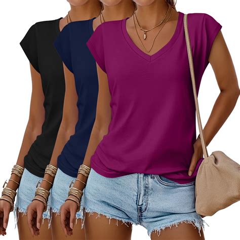 Huukeay 3 Pack Women's V Neck T Shirts, Cap Sleeve Summer Casual Tops ...