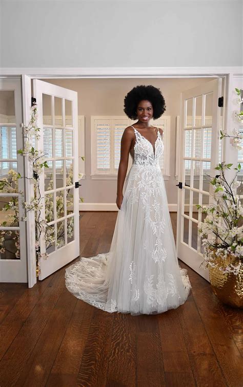 Lace V-Neckline Wedding Dress with Sheer Bodice - Essense of Australia Wedding Dresses