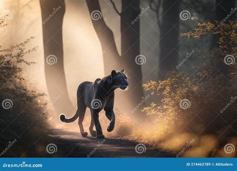 Panther Walking through Misty Forest, Its Coat Shining in the Morning Sunshine Stock Image ...
