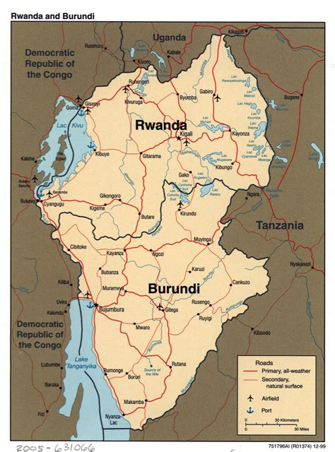 Large detailed political map of Rwanda and Burundi with roads, major cities, airports and ports ...