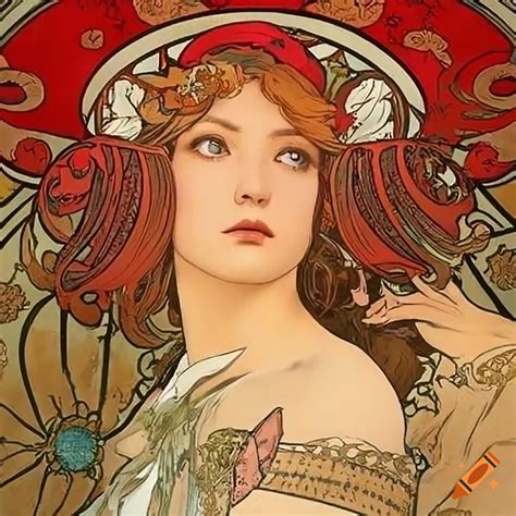 Alphonse mucha's artwork of a woman in a red robe with traditional blue ...