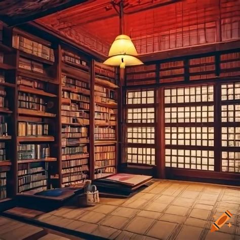Old library with shelved books in an ancient japanese tatami room with red japanese maple trees ...