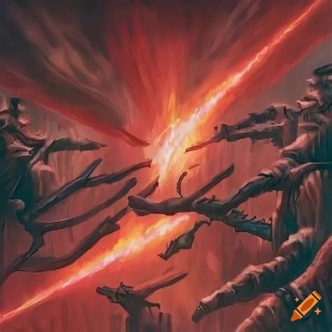 Barrage of five red laser beams, mtg fantasy art